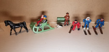 Vintage Barclay lead figures Skiers, Sleigh, Bench, Dog, Horse, Men, Woman set