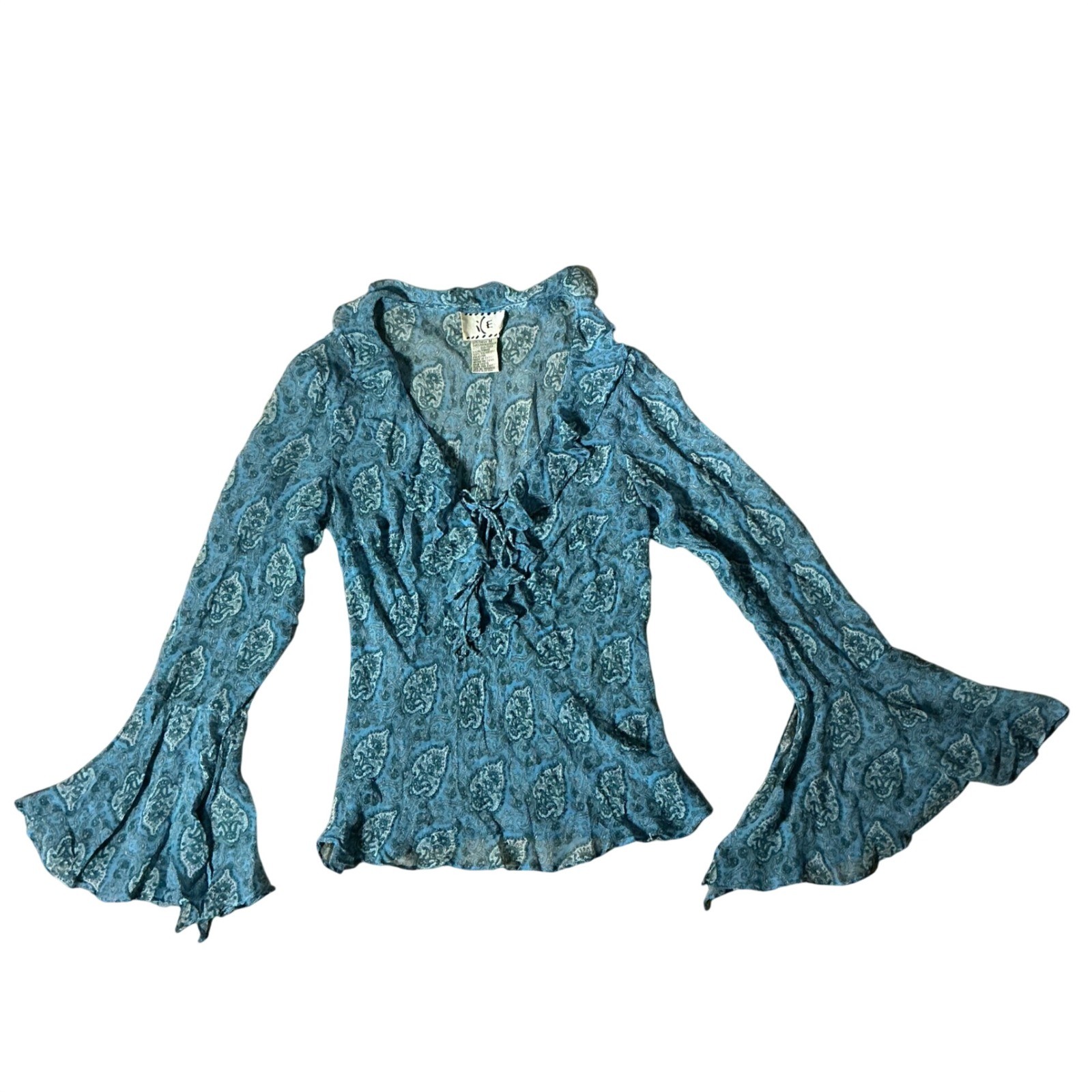 Y2K ICE Silk Paisley Ruffle Bell Sleeve Blouse Blue Teal Fairycore Boho Top M