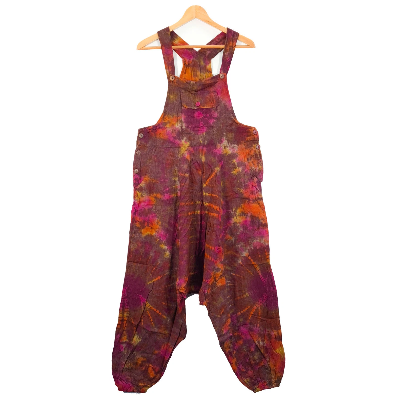 Boho Overalls Tie Dye Brown Orange Playsuit Festival Summer Hippie Pockets Comfy
