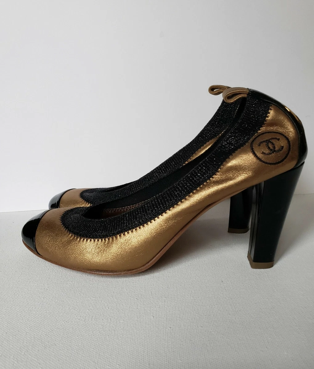 CHANEL gold bronze metallic black leather patent ballet heels pumps 8.5 9 38.5