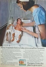 1975 Pampers no baby too small diapers Hospital nurse vintage ad