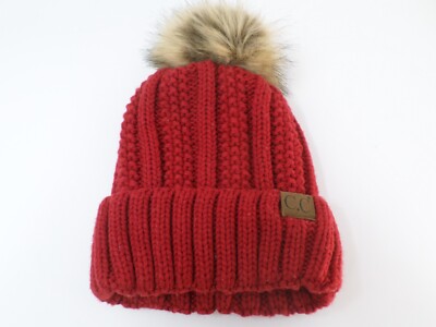 Exclusives Red Beanie Knit Hat with Faux Fur Pom-Pom Acrylic