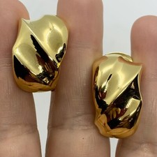 VTG 80s THICK SHINY GOLD CHUNKY HALF HOOP WAVY EARRINGS CLIP-ON