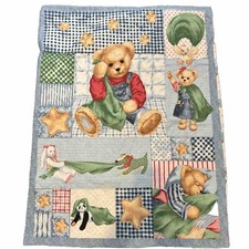 Blue Jean Teddy Bear Nursery Crib Quilt Baby Blanket Lovey 41  x31  Vintage