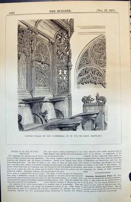 Antiker Druck geschnitzte Stände Kathedrale St Pol de Leon Bretagne Tiere 1873