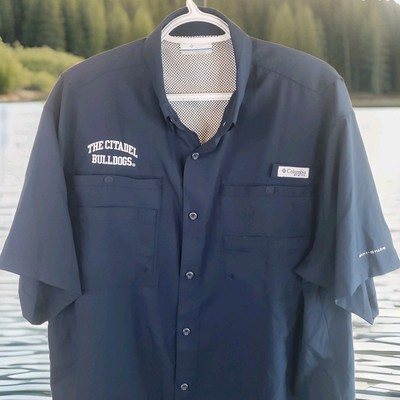 COLUMBIA PFG Citidel Bulldogs Slack Tide Camp Fishing Shirt Navy SS Men M Vented