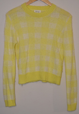 Gelb karierter Damenpullover Gingham HUSH Wolle & Alpaka Mix Rundhalsausschnitt UK XS