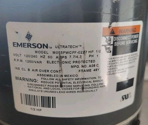 OEM Trane Emerson ULTRATECH 1/2 HP Blower Motor M055PWCPF-0227   4B=32