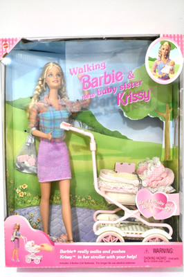 NEW 12  Mattel Barbie Doll 1999 Walking Barbie & Baby Sister Krissy W/Stroller