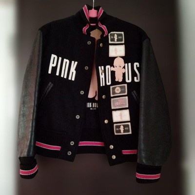 PINK HOUSE Kewpie Wool Leather Stadium Jacket Black Large Cute Design