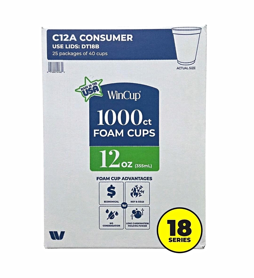 WinCup 12 oz (355 mL) Foam Cups Round C12A Consumer 1000 ct 18 Series ...