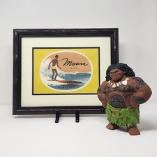 Moana Hotel Print Framed Bamboo Style Frame + Maui Figurine Hawaii Tiki Room 