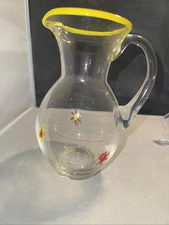 Rare VINTAGE ANNIEGLASS PITCHER YELLOW RIM  FLOWERS/Stars SIGNED ART GLASS (5)