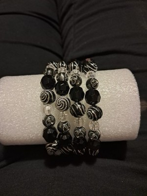Vintage-Inspired Black & Silver Beaded Multi-Row Memory Wire Coil Wrap Bracelet