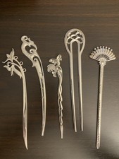 Beautiful Silvertone Metal Carved Stickpins Hairpins 5pc