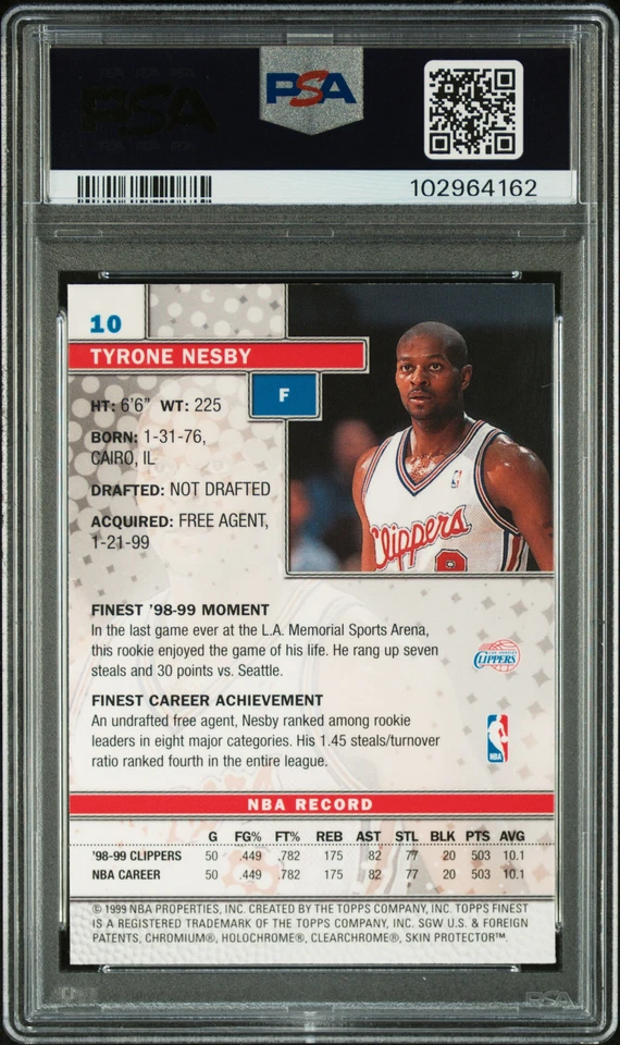 1999 FINEST W/COATING #10 TYRONE NESBY PSA 10 - Image 2 of 2