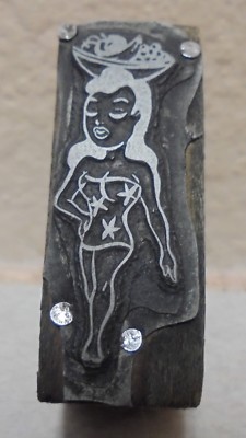 Woman Fruit Basket On Head Letterpress Printing Block Cut Vintage
