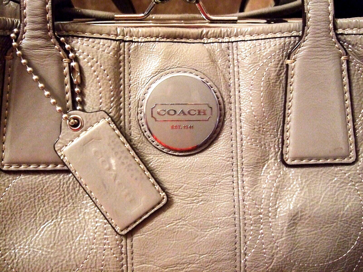 Authentic Coach Gray/Silver Kiss Lock Handbag Purse No. F1182 
