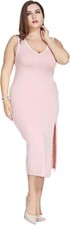 Plus Size Sleeveless V-Neck Sheath Split Midi Dress for any Party Pink Big Size