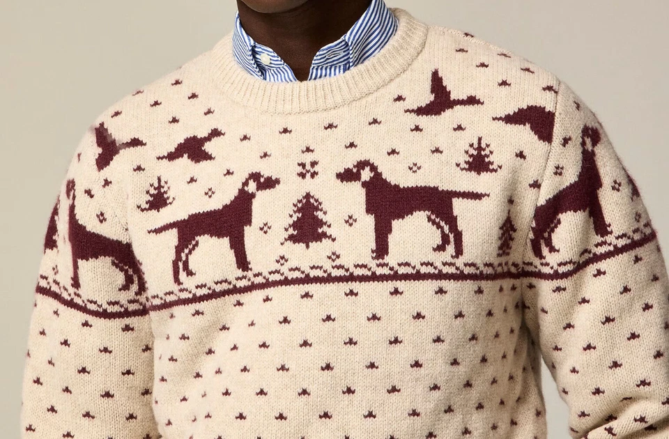 Suéter masculino de lã J Crew marrom cachorro pato caça Natal quente (todos os tamanhos) - Imagem 3 de 4