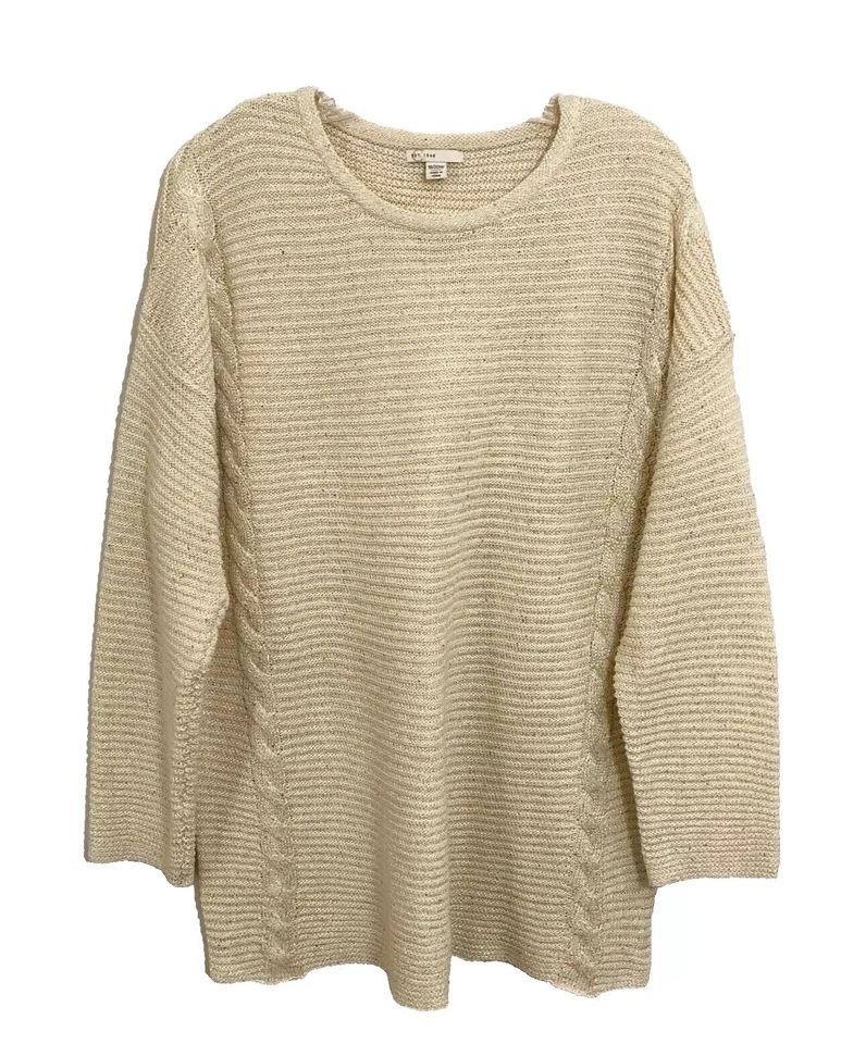 Cream Textured Cable Knit Front Crewneck Sweater 18/20 W | 2X Womens Boho Boxy - Image 4 of 4