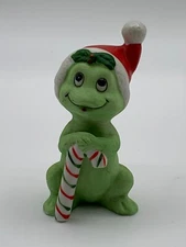 Lefton Frog Christmas Santa Hat Candy Cane Figurine  #1713 Ceramic Bisque