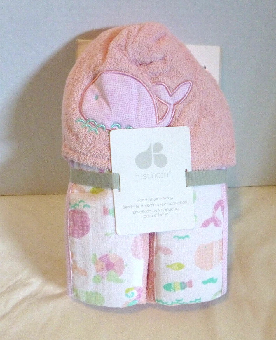Just Born Hooded Bath Wrap Baby Infant Pink Whale Beach NEW