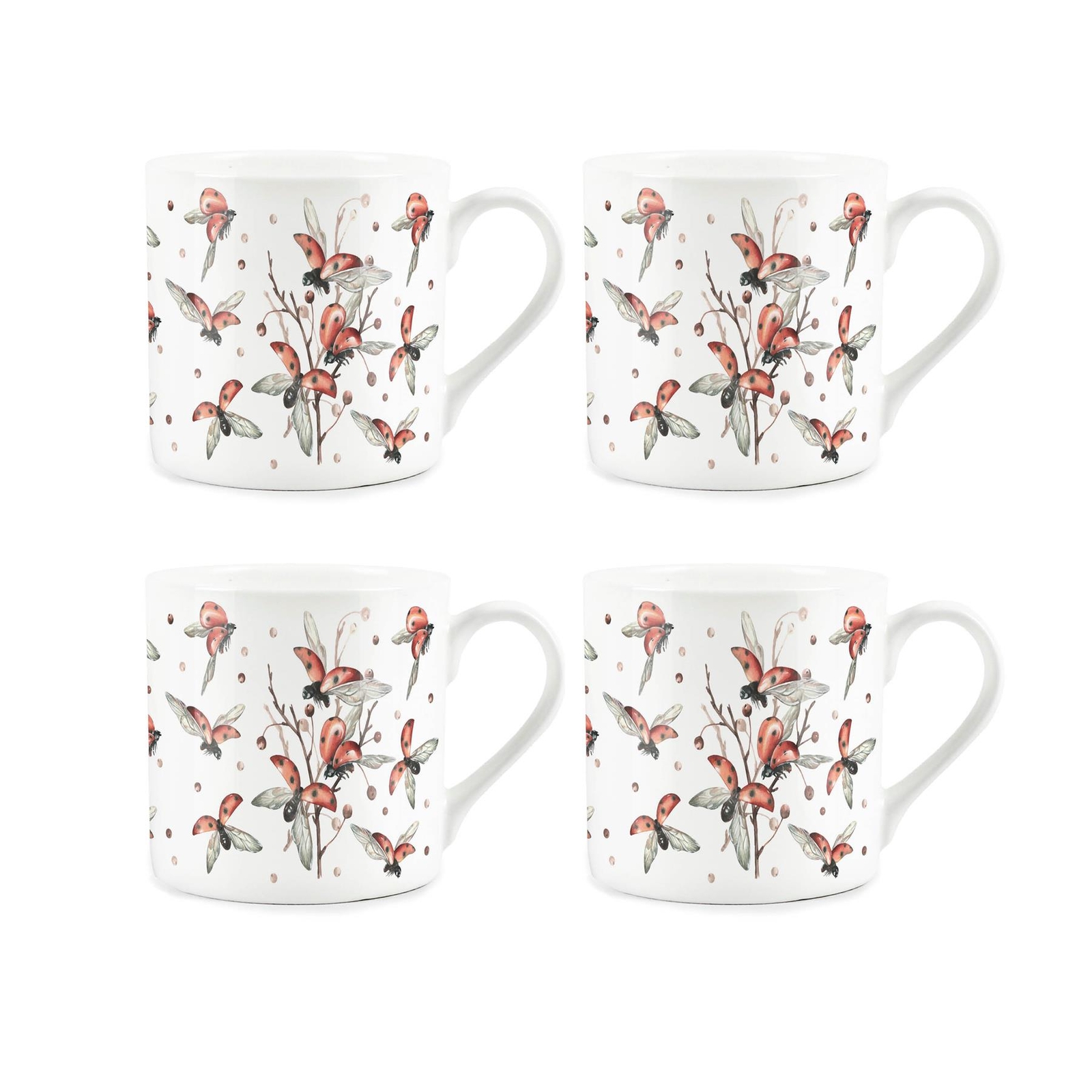 Ladybird Mugs Set - Red & Black Ladybug - Bone China Mugs Gift/Present Set of 4