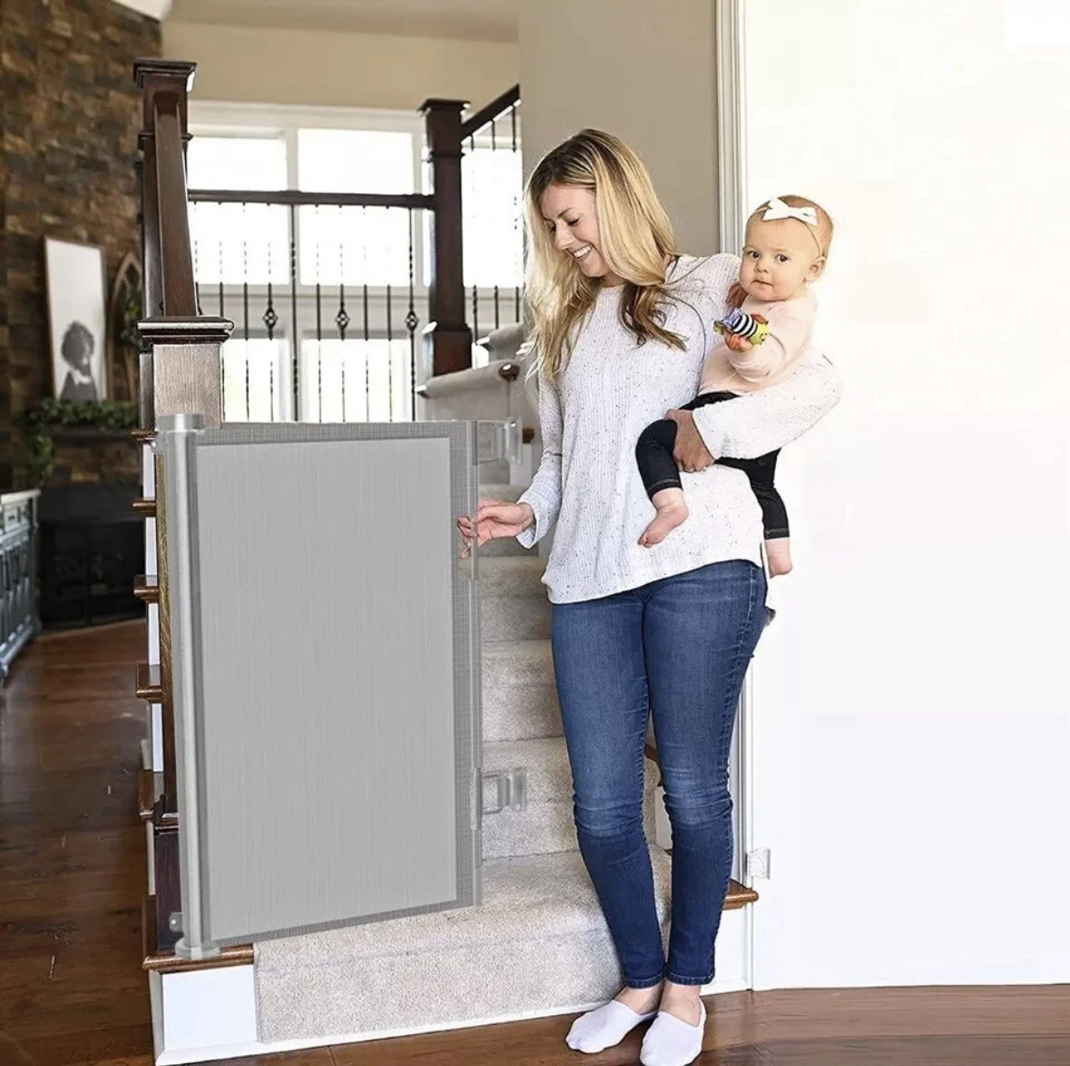 Stair Gate Black, white,Grey Wodondog Retractable H82 x W150cm.
