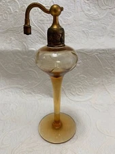  PERFUME ATOMIZER BOTTLE Antique Etched Glass Warm Amber 6.5" No Bulb
