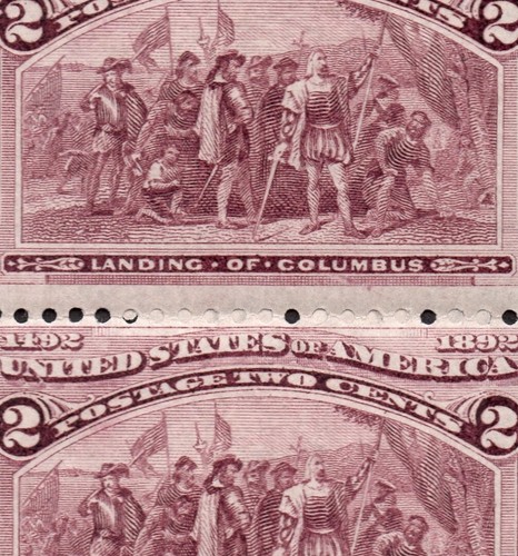 US # 231c *MINT OG NH* { SCARCE "BROKEN HAT" STRIP OF 4 }W IMPRINT 2c COLUMBIAN - Picture 4 of 7