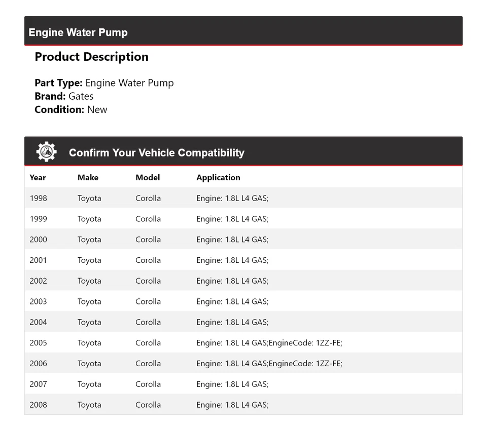 Ворота водяного насоса для газового двигателя Toyota Corolla 1,8 л L4 1998-2008 годов выпуска 1999 2000 2001 годов выпуска - Изображение 2 из 4