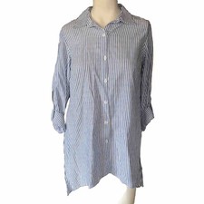 Women's Small Blue Striped Button Front Roll Tab Sleeves Shirt Top