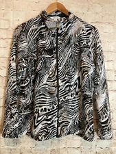 Erin London Top Womens Large Burnout Full Front Zip Up Mock Neck Animal Print