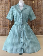 Vtg 80’s Does 50’s Rockabilly Green Gingham Swing Full Skirt Day Shirt Dress 8