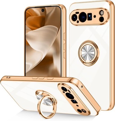 Google Pixel 10 Pro XL Case with Ring Holder Kickstand, Soft TPU Gold Plated Cov
