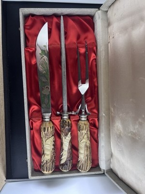 Vintage Anton Wingen Jr Solingen Germany Carving Set Stag Antler w/Box Rostfrei