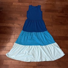 NEW Lands End Tiered Blue Sleeveless Cotton Stretch Maxi Dress Womens XS