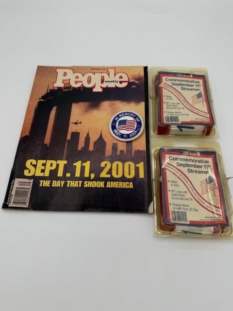 September 11th Memoribilia - 9/24/2001 People Magazine, Flag Streamers, Pin 9/11