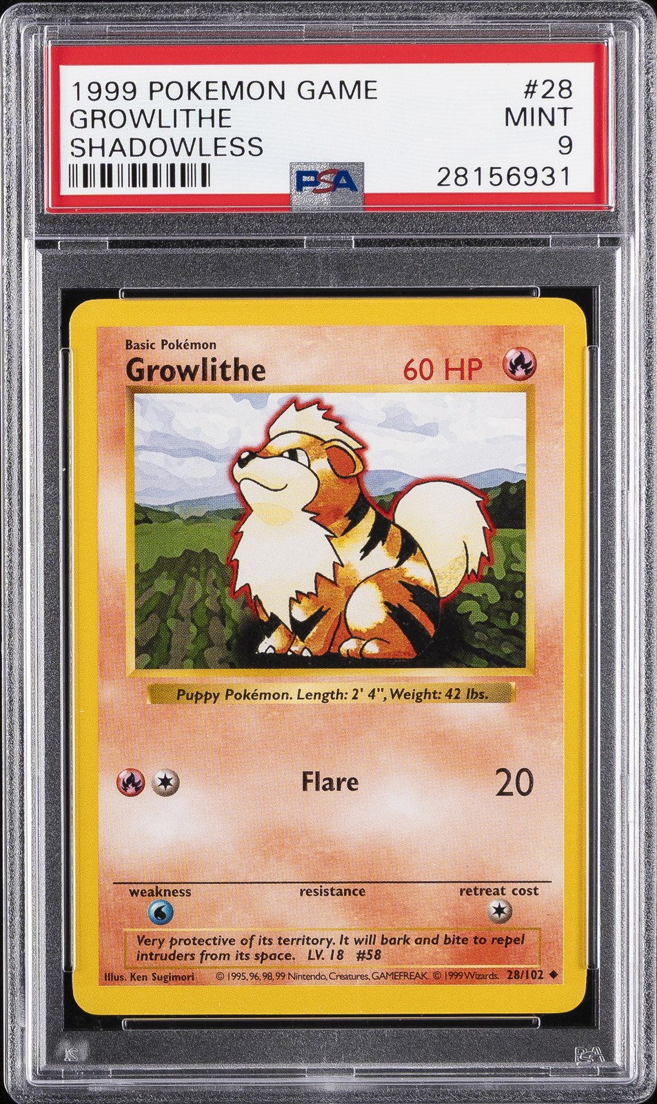 1999 POKEMON BASE SET SHADOWLESS #28 GROWLITHE PSA 9