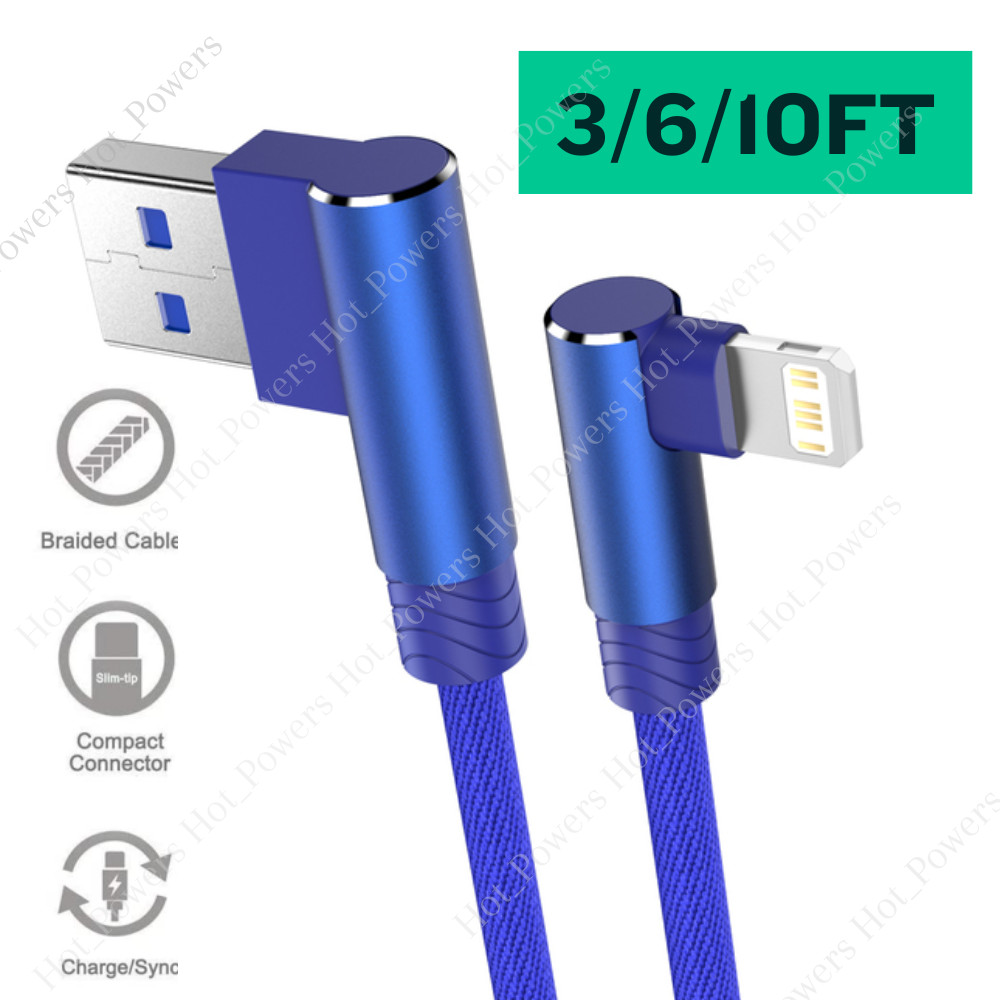 90 Degree Elbow USB Charger Cable 3/6/10FT For iPhone 14 13 12 11 Charging Cord