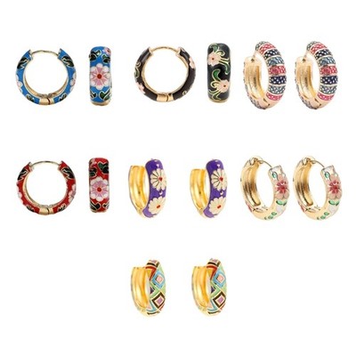 Circle Hoop Earrings Geometric Round Dangle Ear Rings Enamels Flower Ear Buckles