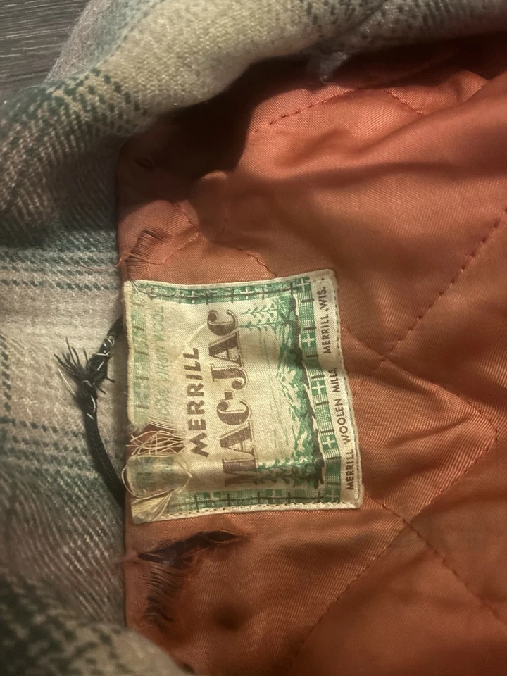 CHAQUETA DE LANA VINTAGE Verde Marrón A CUADROS MERRILLS MAC JAC AÑOS 50 Algunas Rasgaduras Foto 3 de 4
