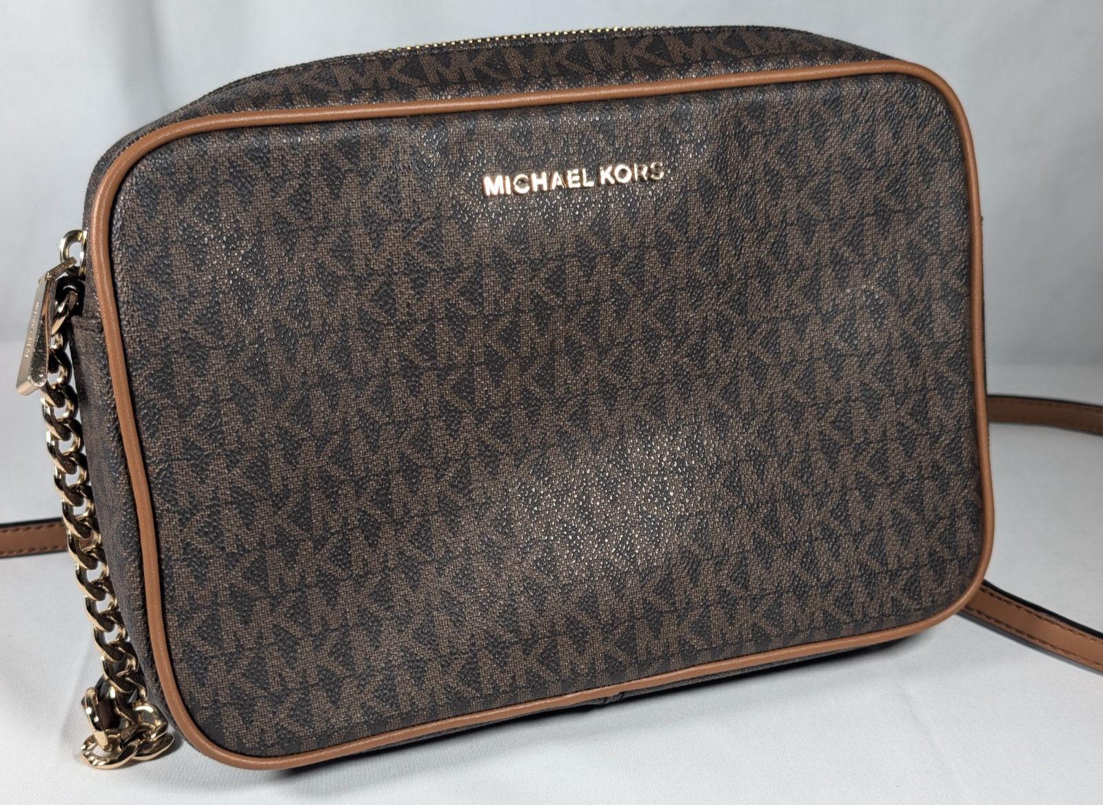 Michael Kors Jet Set Travel Large Crossbody Bag Brown MK Logo PVC Leather Trim