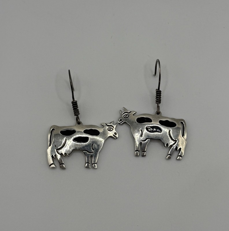 Vintage Sterling Silver Taxco Signed Cow Dangle Earrings Black Spots Inlay Farm