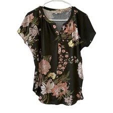 LOFT Floral Blouse XS grey Pink Yellow Short Sleeve Relaxed Fit Top