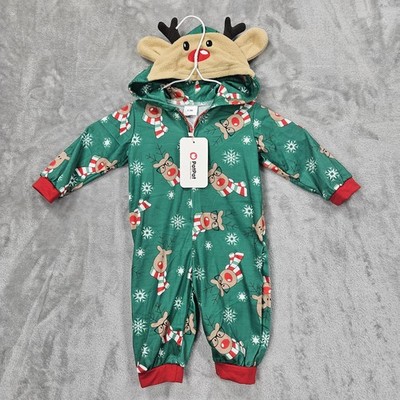 PatPat Reindeer Pajama Romper Baby 0-3M Hooded Holiday Christmas New Zip
