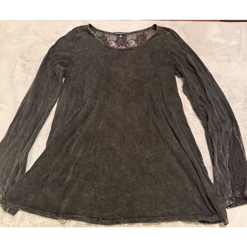 Camiseta Basil & Lola Mujer Negra Encaje Inserto Hada Grunge Y2K Desteñido Swing Top M Foto 4 de 4
