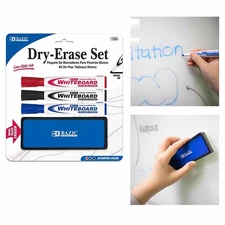 Bazic White Board Marker 3 Color Chisel Tip Dry Erase Markers W/ Eraser
