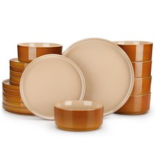ONION Ceramic Plates and Bowls Sets, 18 Pieces Brown Dinnerware Sets for Kitc...